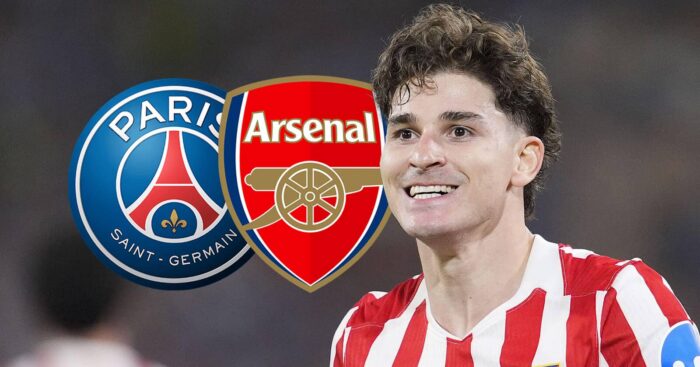 Julian Alvarez with PSG and Arsenal badges