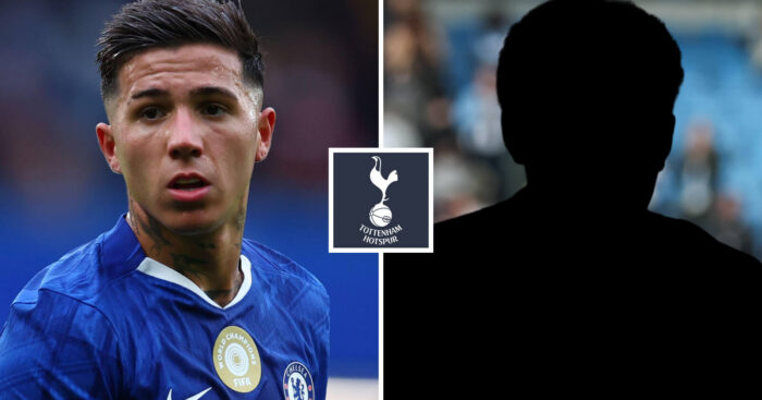 Split image of Chelsea midfielder Enzo Fernandez and a shadow, with the Tottenham Hotspur badge in between - copyright TEAMtalk