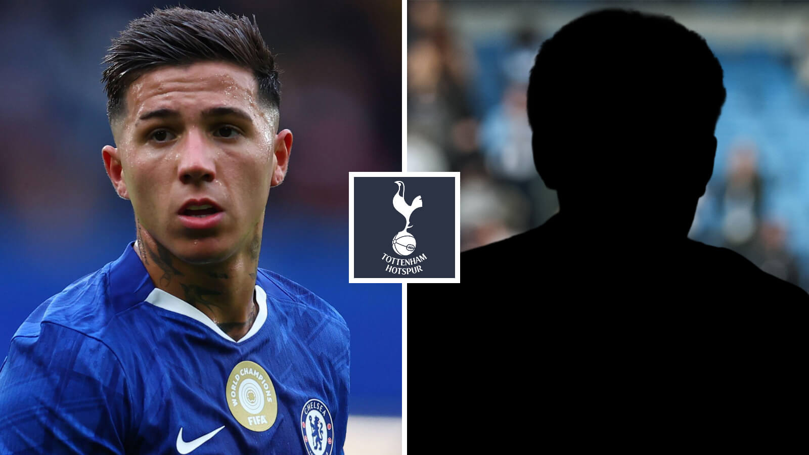 Split image of Chelsea midfielder Enzo Fernandez and a shadow, with the Tottenham Hotspur badge in between - copyright TEAMtalk