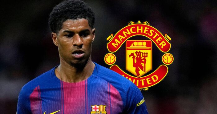 Barcelona winger Marcus Rashford and Manchester United badge - copyright TEAMtalk