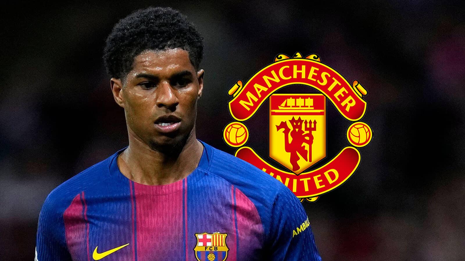 Barcelona winger Marcus Rashford and Manchester United badge - copyright TEAMtalk