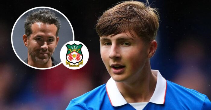 Rangers winger Findlay Curtis and, inset, Wrexham co-owner Ryan Reynolds next to the club badge