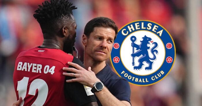 Chelsea boss Xabi Alonso wants to bring Edmond Tapsoba to Stamford Bridge. The pair are seen here next to the Chelsea badge