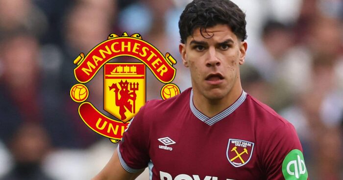 West Ham star Mateus Fernandes with a Man Utd badge