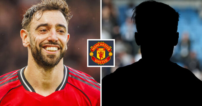 Split image of Manchester United attacking midfielder Bruno Fernandes and a shadow, with the Manchester United badge in between - copyright TEAMtalk