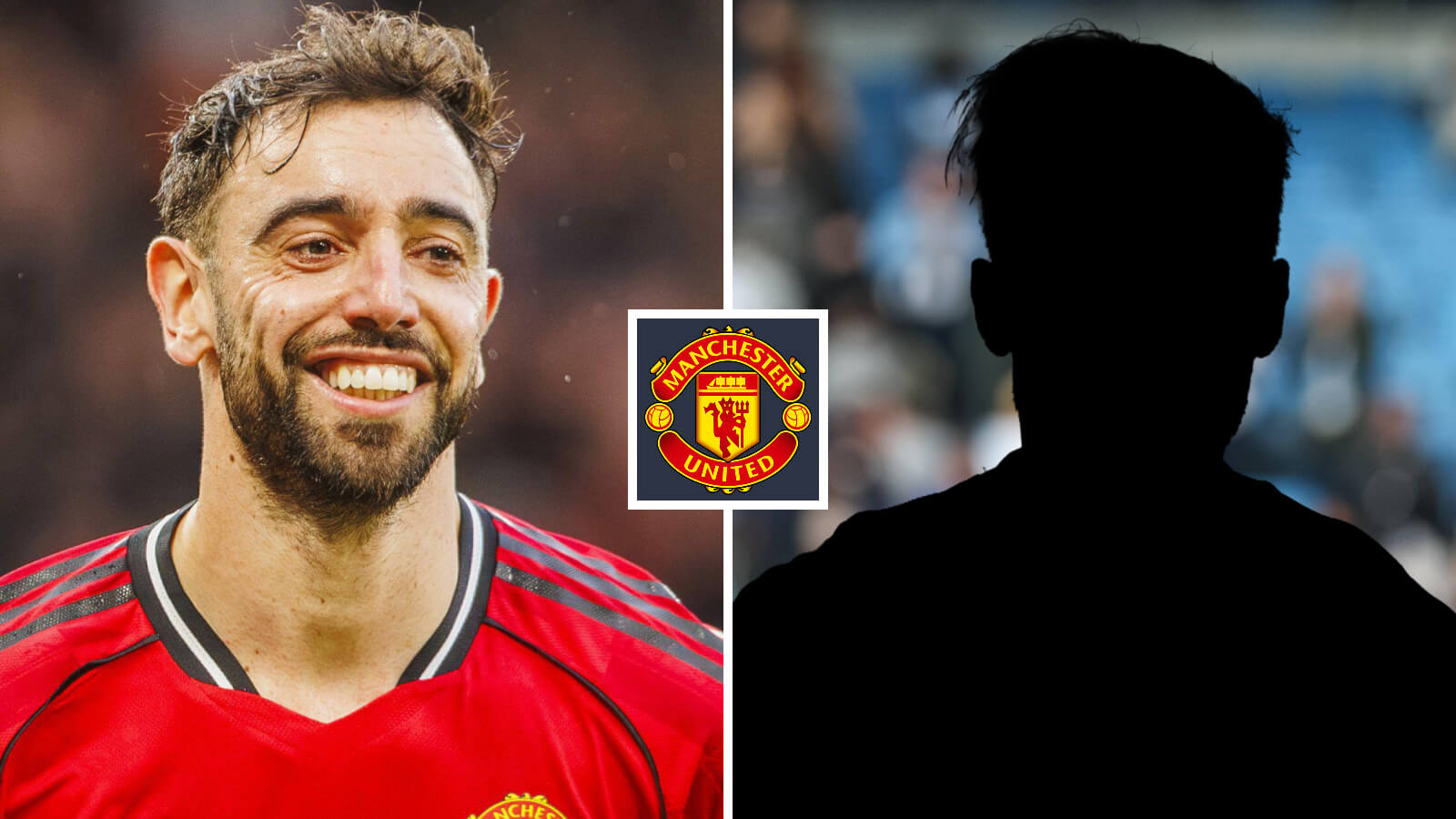 Split image of Manchester United attacking midfielder Bruno Fernandes and a shadow, with the Manchester United badge in between - copyright TEAMtalk