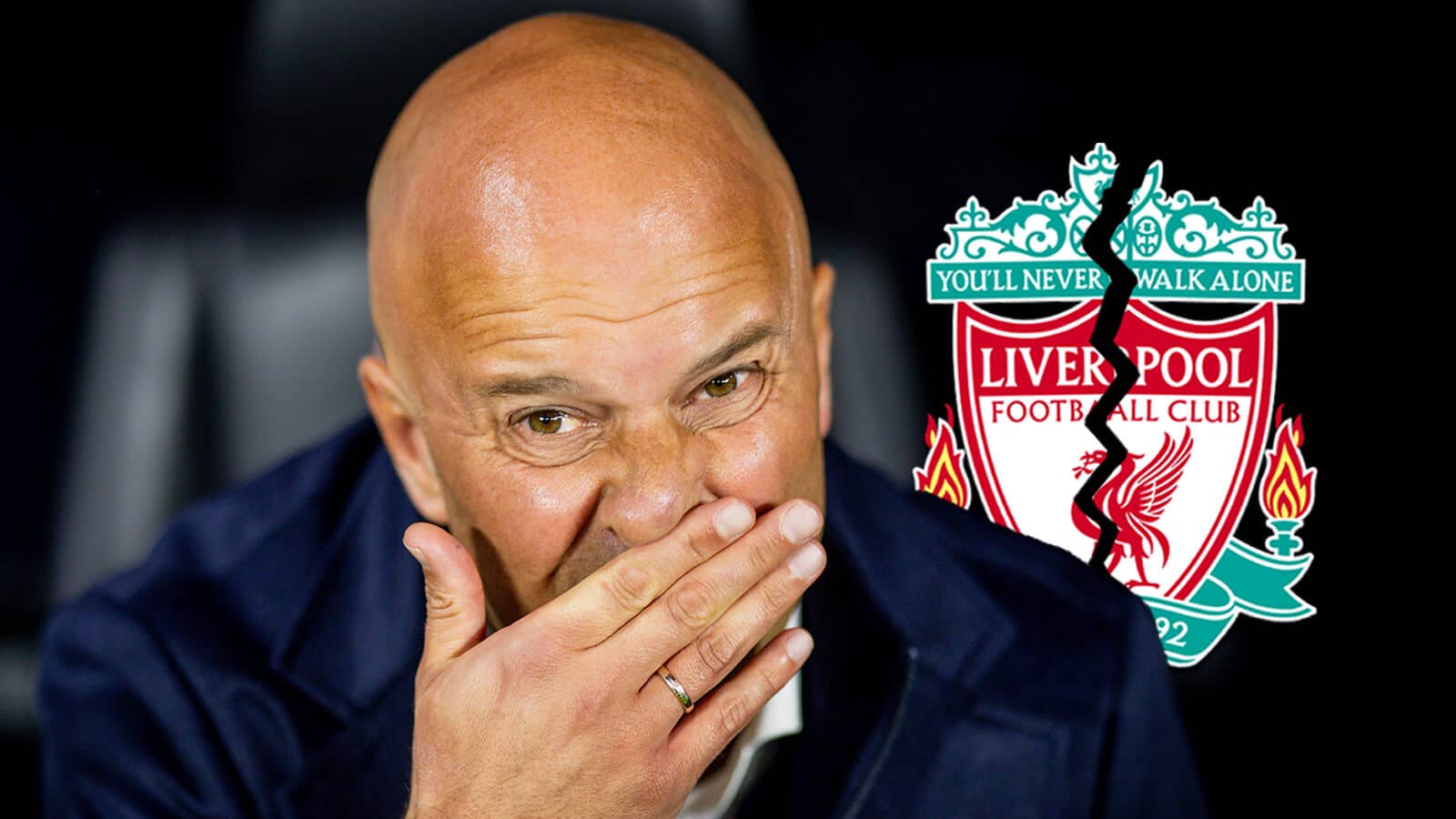 Liverpool manager Arne Slot next to a cracked Liverpool FC badge