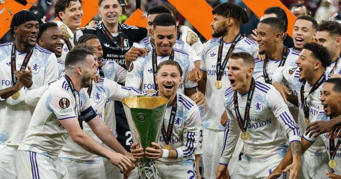 Aston Villa FC players hold aloft the Europa League trophy after beating Freiburg 3-0 in Istanbul
