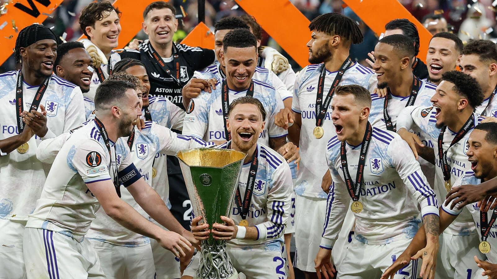 Aston Villa FC players hold aloft the Europa League trophy after beating Freiburg 3-0 in Istanbul