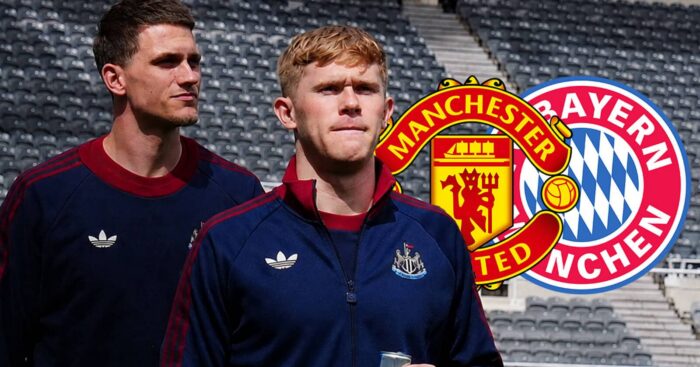 Newcastle defenders Sven Botman and Lewis Hall next to the Manchester United and Bayern Munich badges