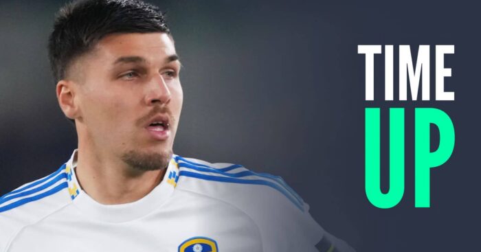 Joel Piroe will leave Leeds United this summer. Here the striker is seen next to the words 'time up'