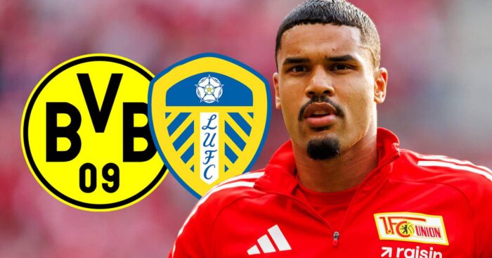 Union Berlin defender Danilho Doekhi next to the Leeds United and Borussia Dortmund badges