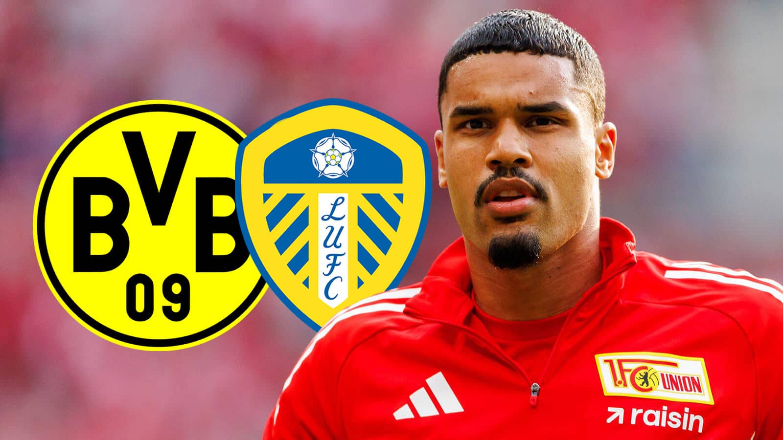 Union Berlin defender Danilho Doekhi next to the Leeds United and Borussia Dortmund badges