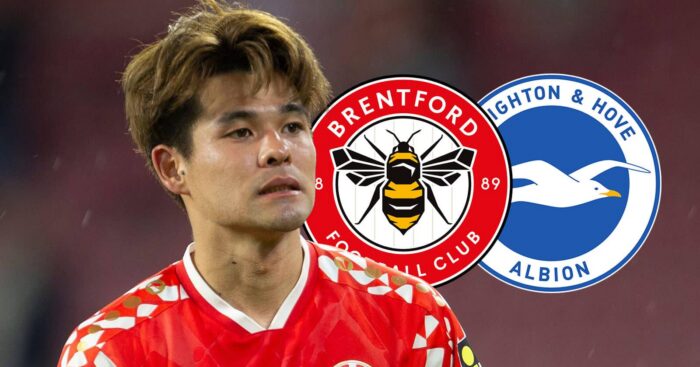 Mainz star Kaishu Sano with Brentford and Brighton badges