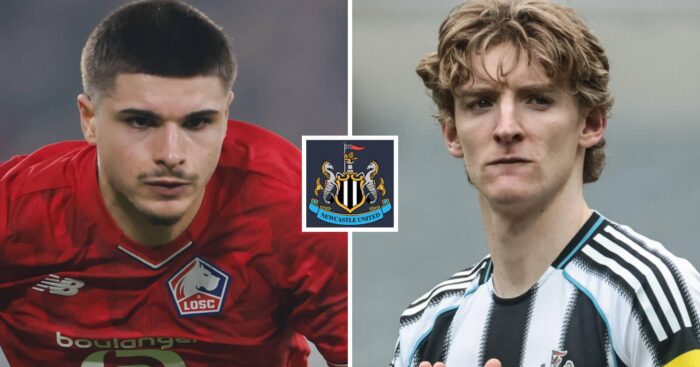 Lille's Matias Fernandez-Pardo next to Anthony Gordon and the Newcastle United badge