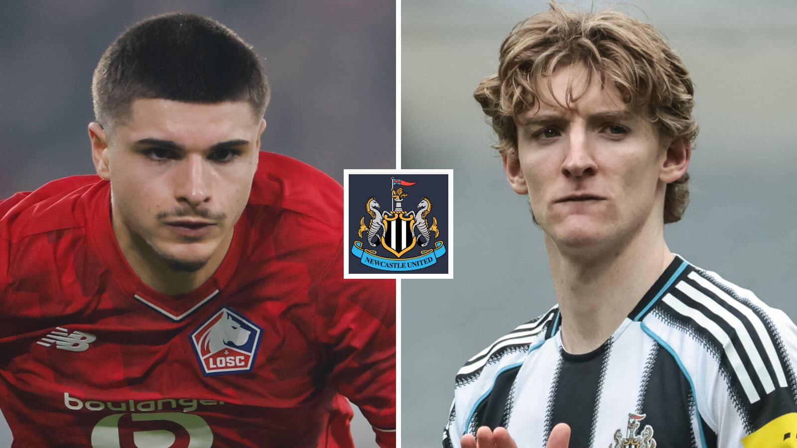 Lille's Matias Fernandez-Pardo next to Anthony Gordon and the Newcastle United badge