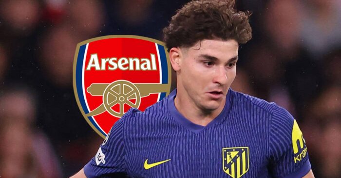 Atletico Madris striker Julian Alvarez next to the Arsenal badge