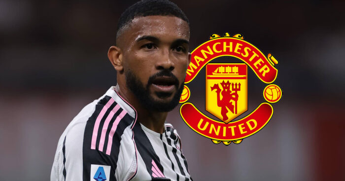 Juventus defender Gleison Bremer next to the Mancbester United badge - copyright TEAMtalk