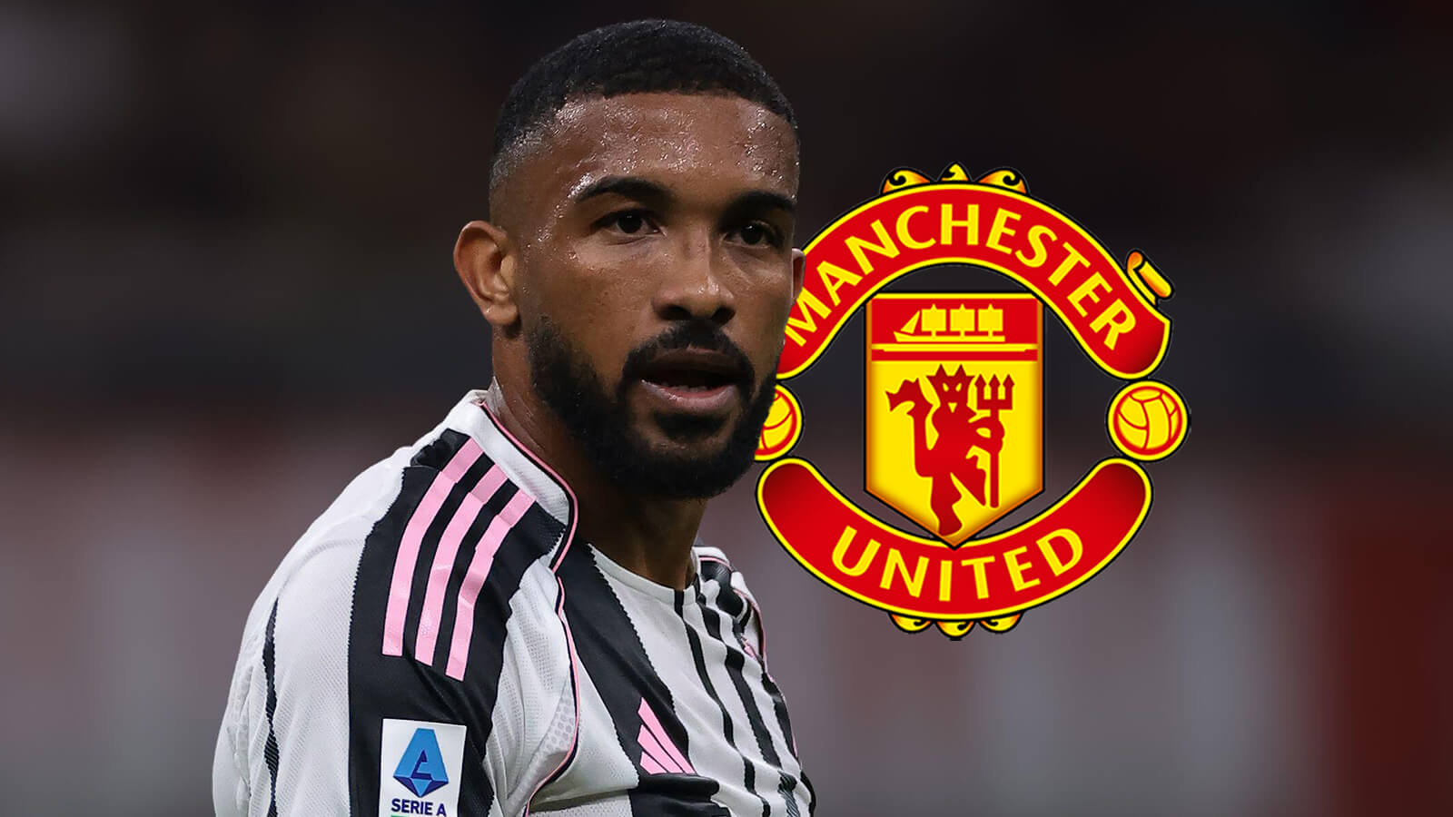 Juventus defender Gleison Bremer next to the Mancbester United badge - copyright TEAMtalk