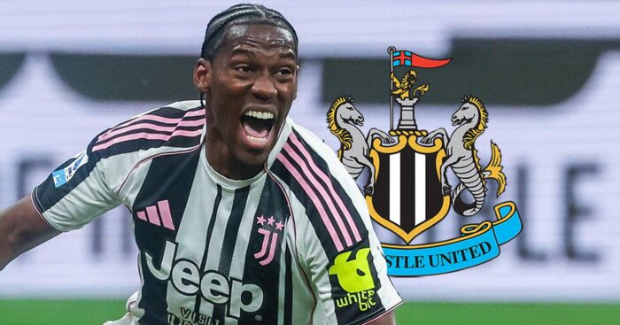 Juventus star Jonathan David with a Newcastle badge