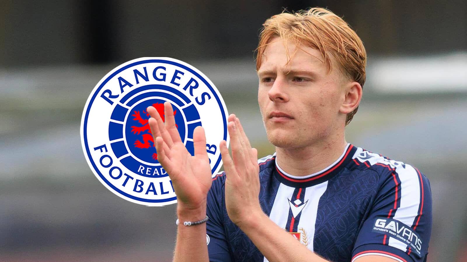 Dundee star Luke Graham with a Rangers badge