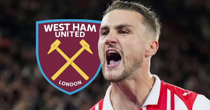 Southampton star Taylor Harwood-Bellis with a West Ham badge