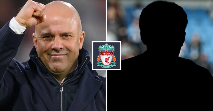 Split image of Liverpool manager Arne Slot and a shadow, with the Liverpool badge in between them - copyright TEAMtalk