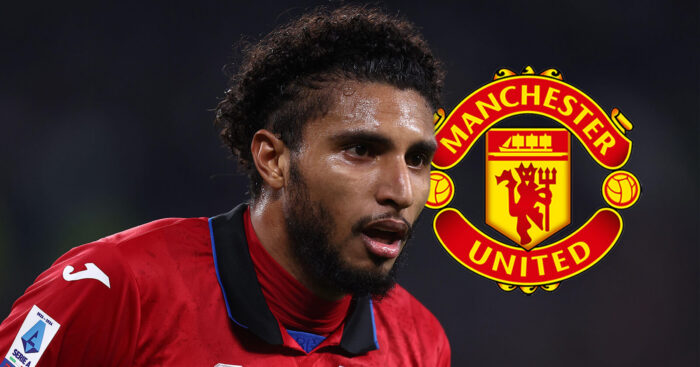 Atalanta midfielder next to the Manchester United badge - copyright TEAMtalk
