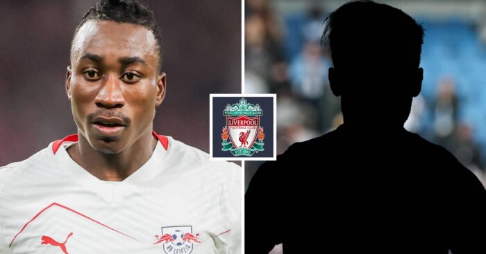 Split image of RB Leipzig winger Yan Diomande and a shadow, with the Liverpool badge in between - copyright TEAMtalk