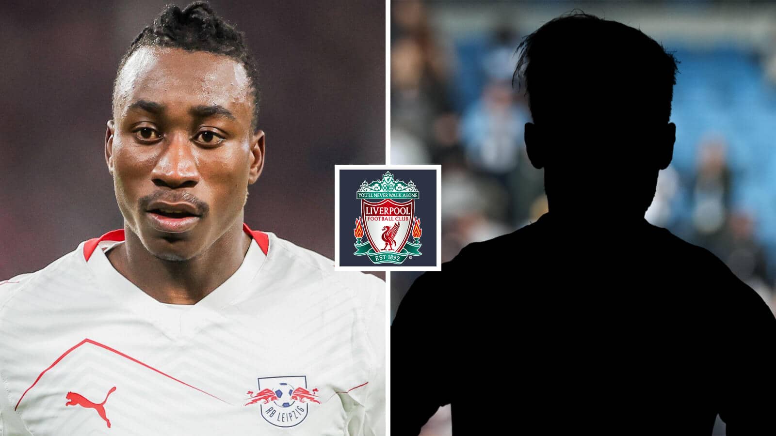 Split image of RB Leipzig winger Yan Diomande and a shadow, with the Liverpool badge in between - copyright TEAMtalk