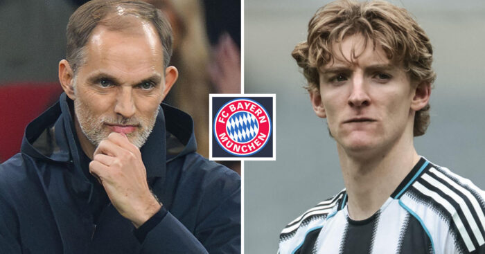 Split image of England manager Thomas Tuchel and Newcastle United winger Anthony Gordon with the Bayern Munich badge in between - copyright TEAMtalk