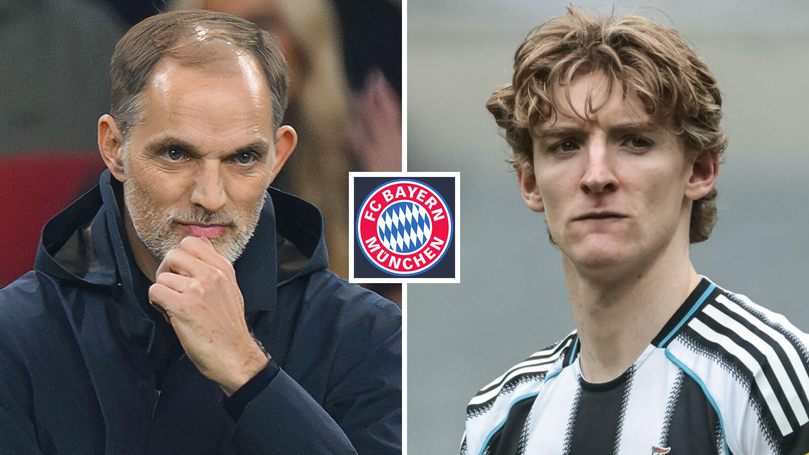 Split image of England manager Thomas Tuchel and Newcastle United winger Anthony Gordon with the Bayern Munich badge in between - copyright TEAMtalk