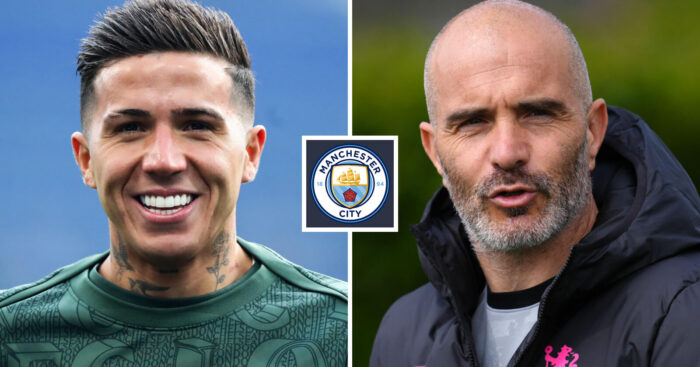 Split image of Chelsea midfielder Enzo Fernandez and Enzo Maresca with the Manchester City badge in between – copyright TEAMtalk