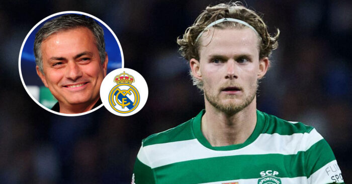 Jose Mourinho, Real Madrid badge and Sporting CP midfielder Morten Hjulmand - copyright TEAMtalk