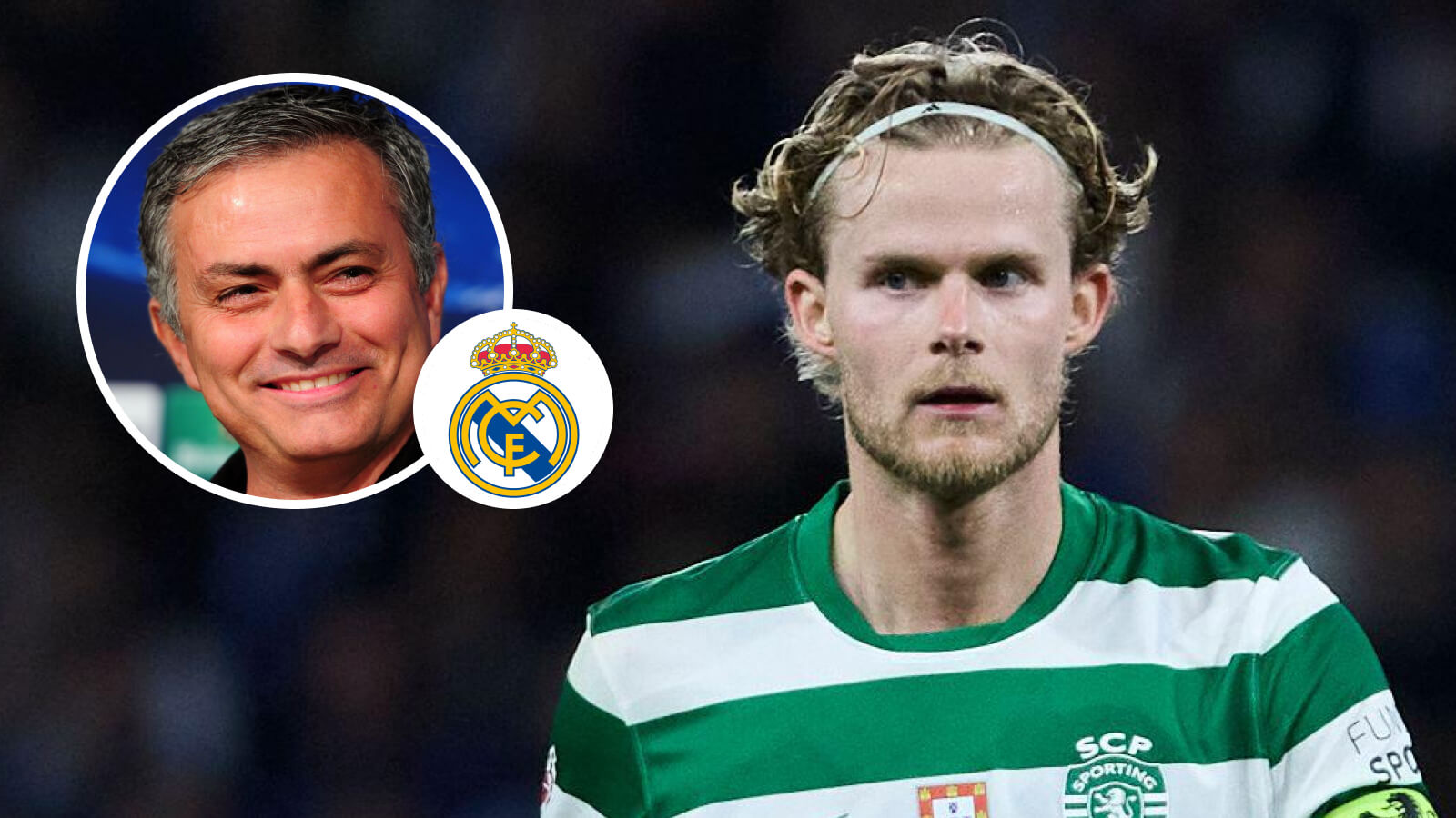Jose Mourinho, Real Madrid badge and Sporting CP midfielder Morten Hjulmand - copyright TEAMtalk