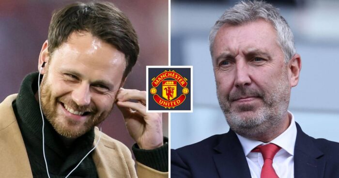 Split image of Manchester United director of football, Jason Wilcox, and director of recruitment, Christopher Vivell with the Man Utd badge in between - copyright TEAMtalk