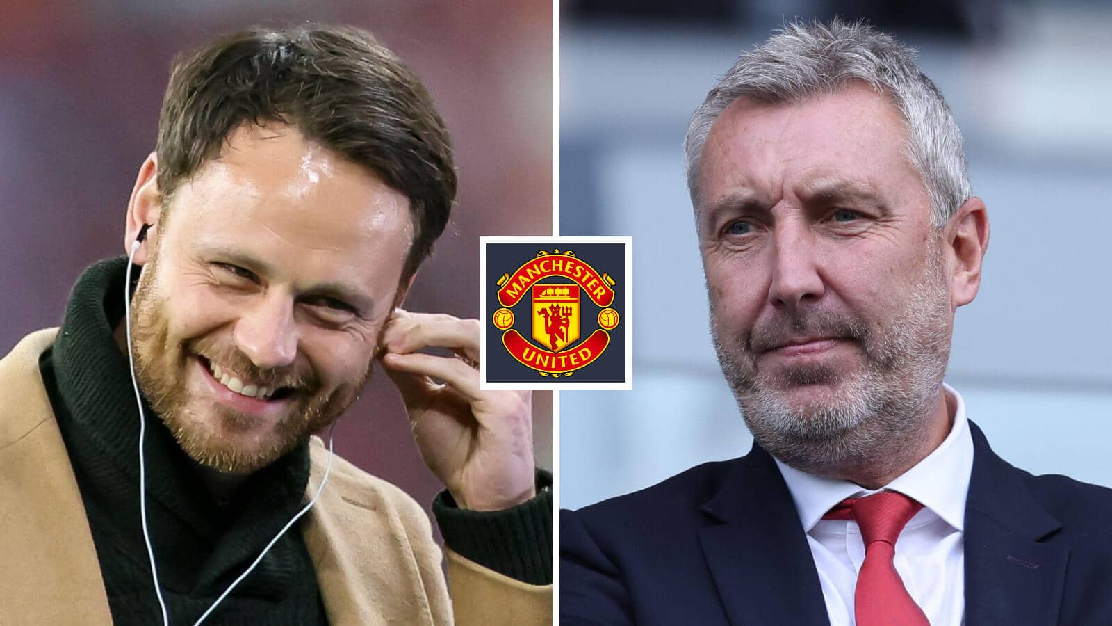 Split image of Manchester United director of football, Jason Wilcox, and director of recruitment, Christopher Vivell with the Man Utd badge in between - copyright TEAMtalk