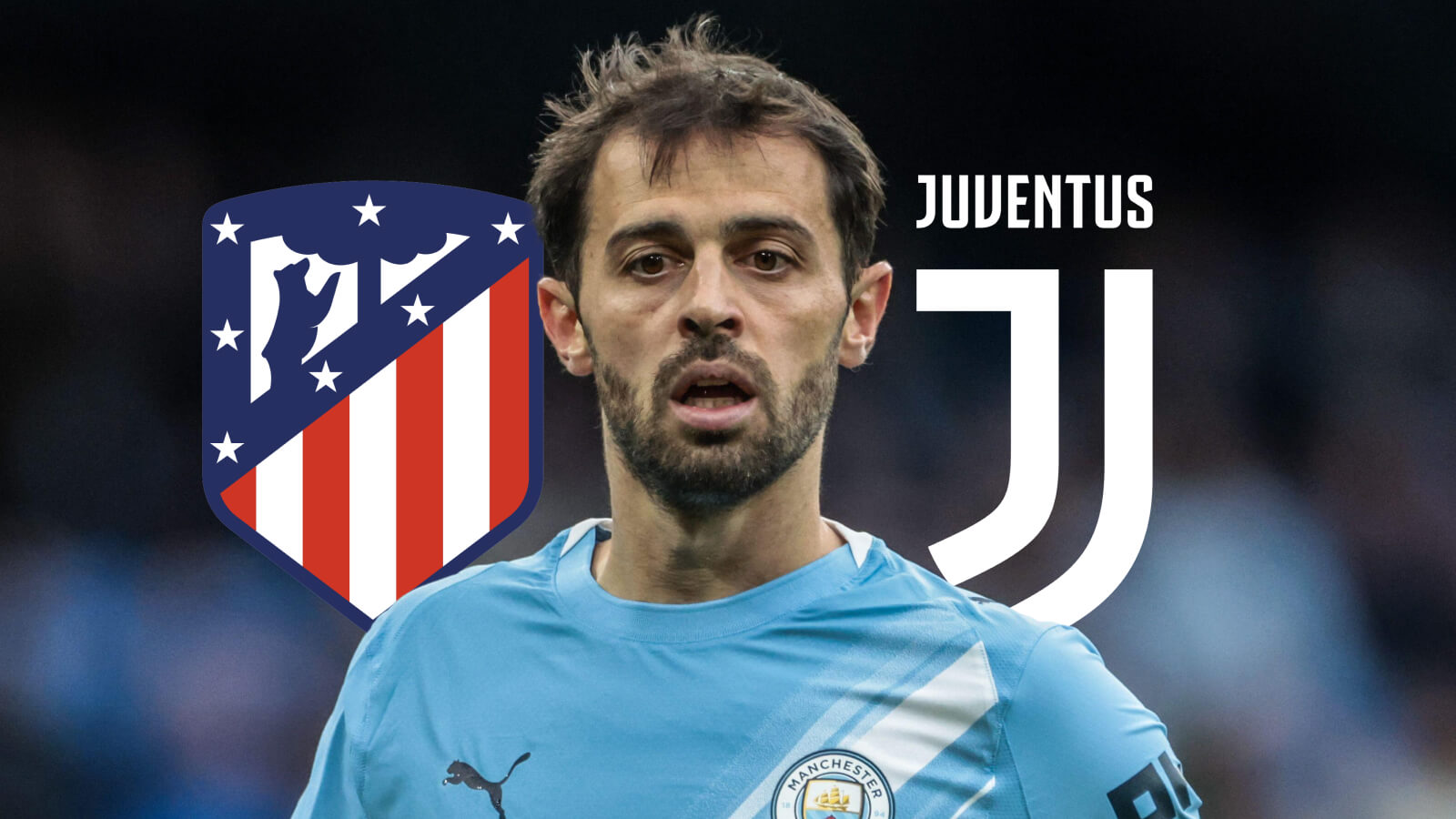 Man City midfielder Bernardo Silva, Atletico Madrid, Juventus badges