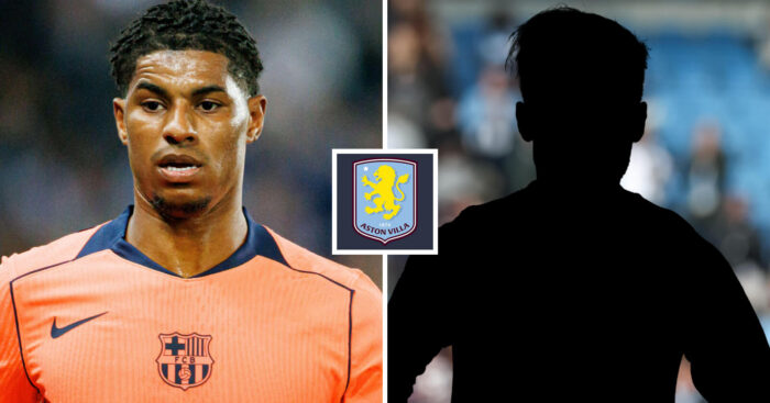 Man Utd winger Marcus Rashford, silhouette player, Aston Villa badge
