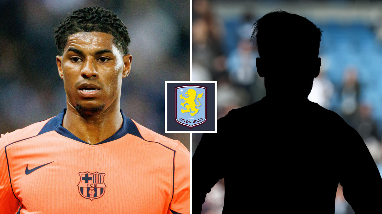 Man Utd winger Marcus Rashford, silhouette player, Aston Villa badge