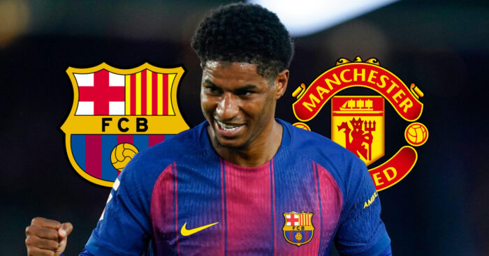 Barcelona badge, Marcus Rashford and Manchester United badge - copyright TEAMtalk
