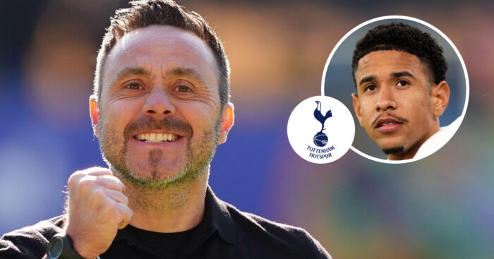 Tottenham Hotspur manager Roberto De Zerbi and, inset, Man City winger Savinho, next to the Tottenham Hotspur badge