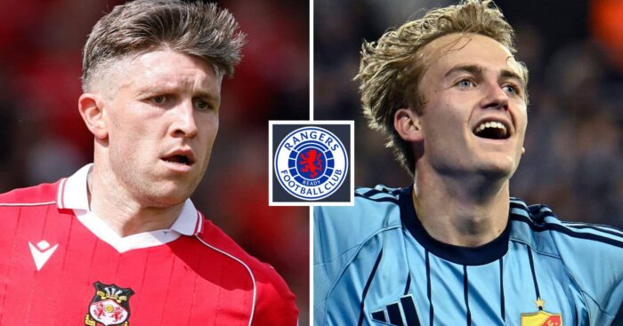 Josh Windass and Oskar Fallenius with a Rangers badge