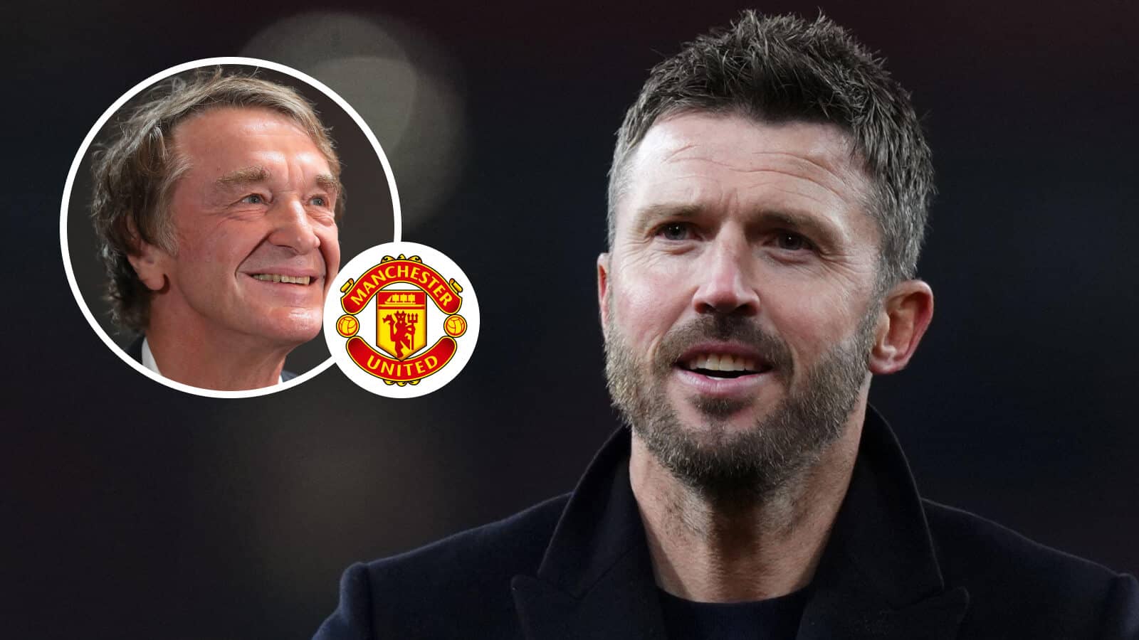 Sir Jim Ratcliffe, Manchester United badge and Michael Carrick - copyright TEAMtalk