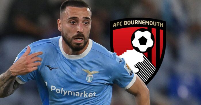 Lazio star Mario Gila, with a Bournemouth badge