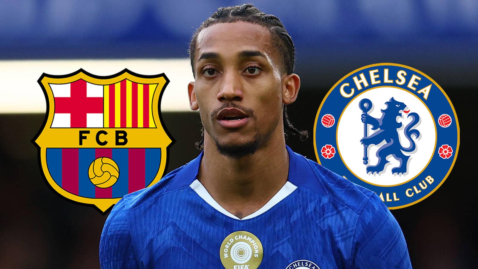 Barcelona badge, Joao Pedro and Chelsea badge - copyright TEAMtalk