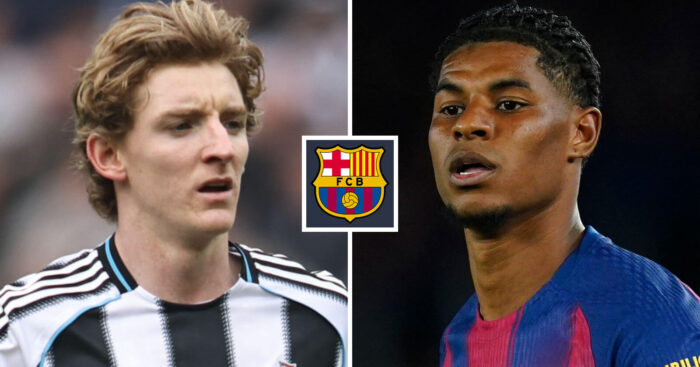 Newcastle winger Anthony Gordon, Man Utd winger Marcus Rashford, Barcelona badge