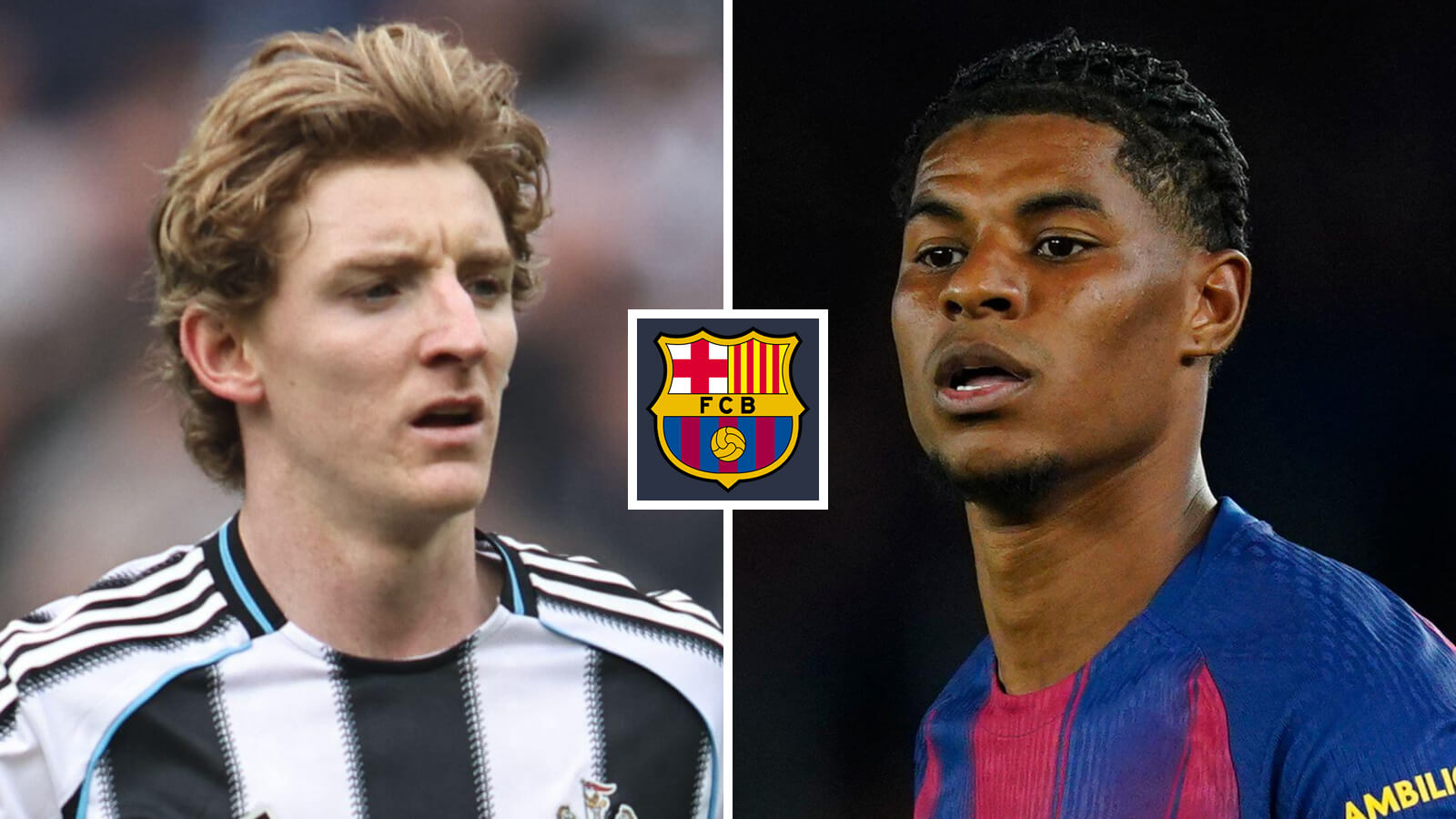 Newcastle winger Anthony Gordon, Man Utd winger Marcus Rashford, Barcelona badge