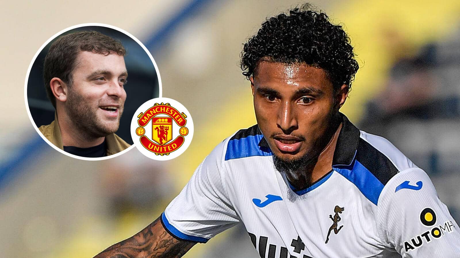 Fabrizio Romano, Manchester United badge and Atalanta midfielder Ederson - copyright TEAMtalk