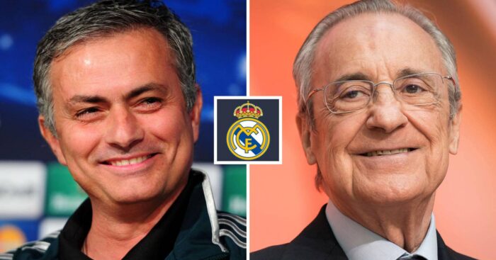 Split image of Incoming Real Madrid manager Jose Mourinho and Los Blancos president Florentino Perez with the Real Madrid badge in between - copyright TEAMtalk